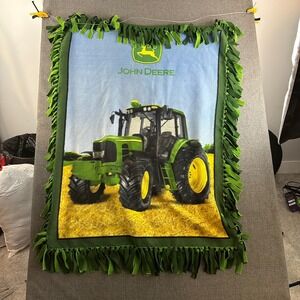John Deere Tractor Fleece Tie‎ Blanket Green Fringed Farm Equipment